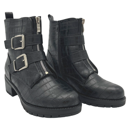Smile Favorites Biker Boots Schwarz Croc Silberne Schnallen