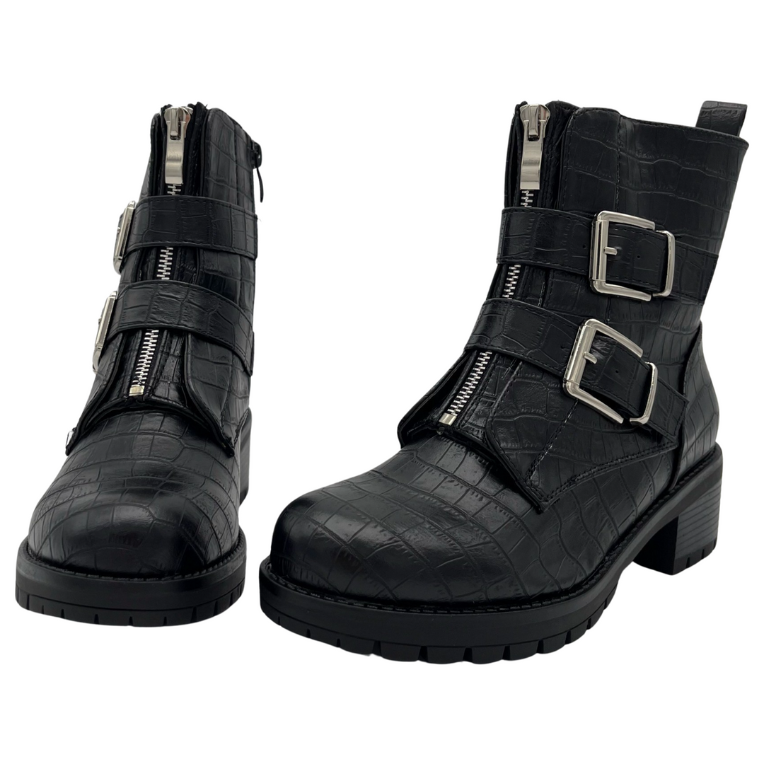 Smile Favorites Biker Boots Schwarz Croc Silberne Schnallen