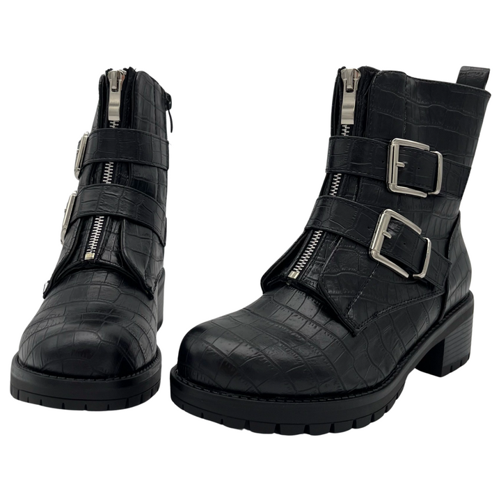 Smile Favorites Biker Boots Schwarz Croc Silberne Schnallen