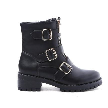 Smile Favorites Biker Boots Schwarz Gold Schnalle Doppelter Reißverschluss