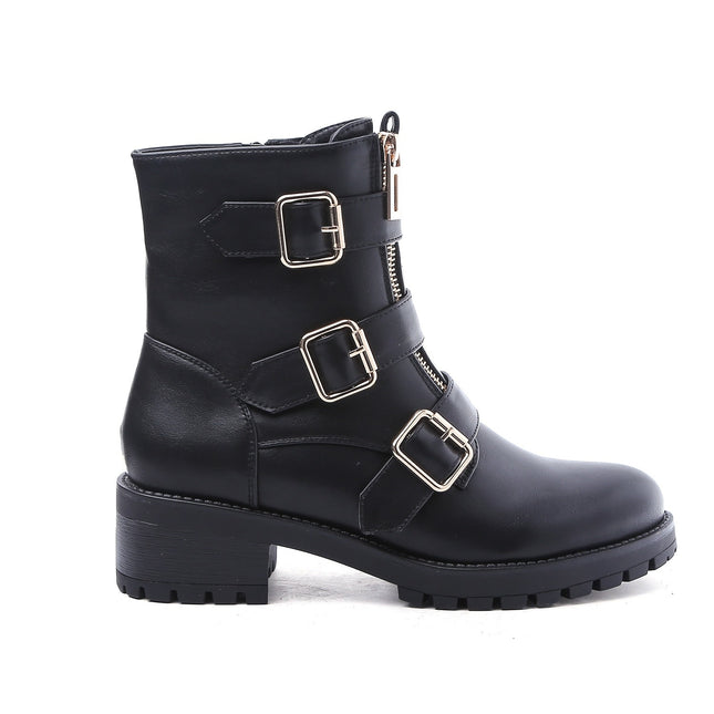 Smile Favorites Biker Boots Schwarz Gold Schnalle Doppelter Reißverschluss