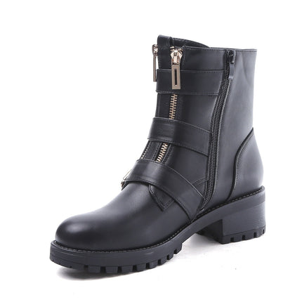 Smile Favorites Biker Boots Schwarz Gold Schnalle Doppelter Reißverschluss