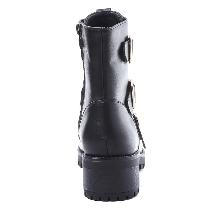 Smile Favorites Biker Boots Schwarz Gold Schnalle Doppelter Reißverschluss