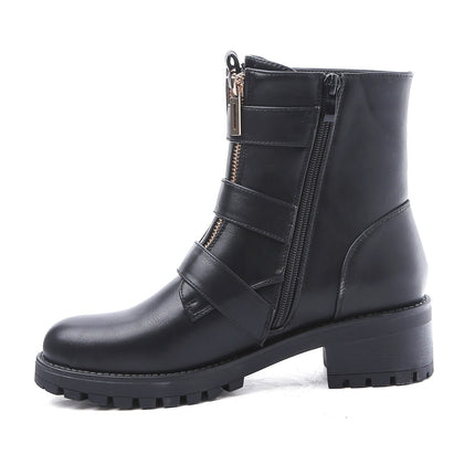 Smile Favorites Biker Boots Schwarz Gold Schnalle Doppelter Reißverschluss