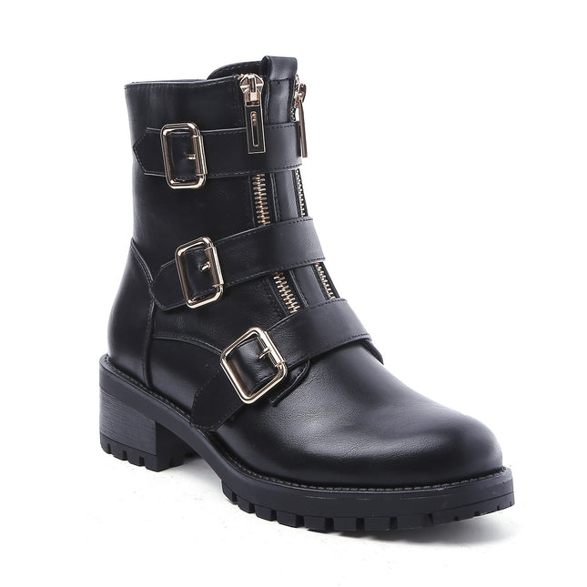 Smile Favorites Biker Boots Schwarz Gold Schnalle Doppelter Reißverschluss