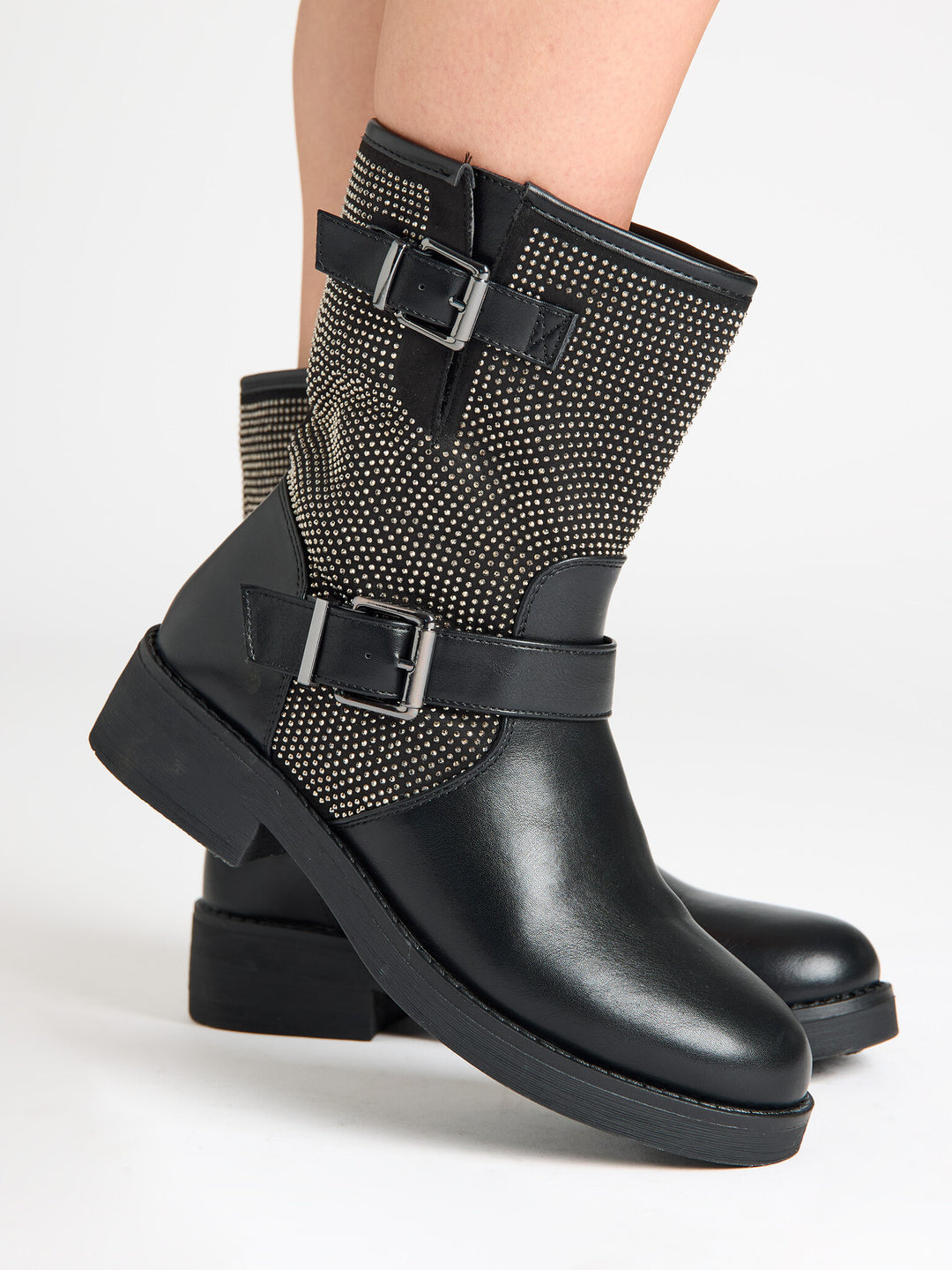 Smile Favorites Biker Boots Schwarz Strass Schnallen