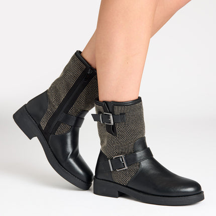 Smile Favorites Biker Boots Schwarz Strass Schnallen