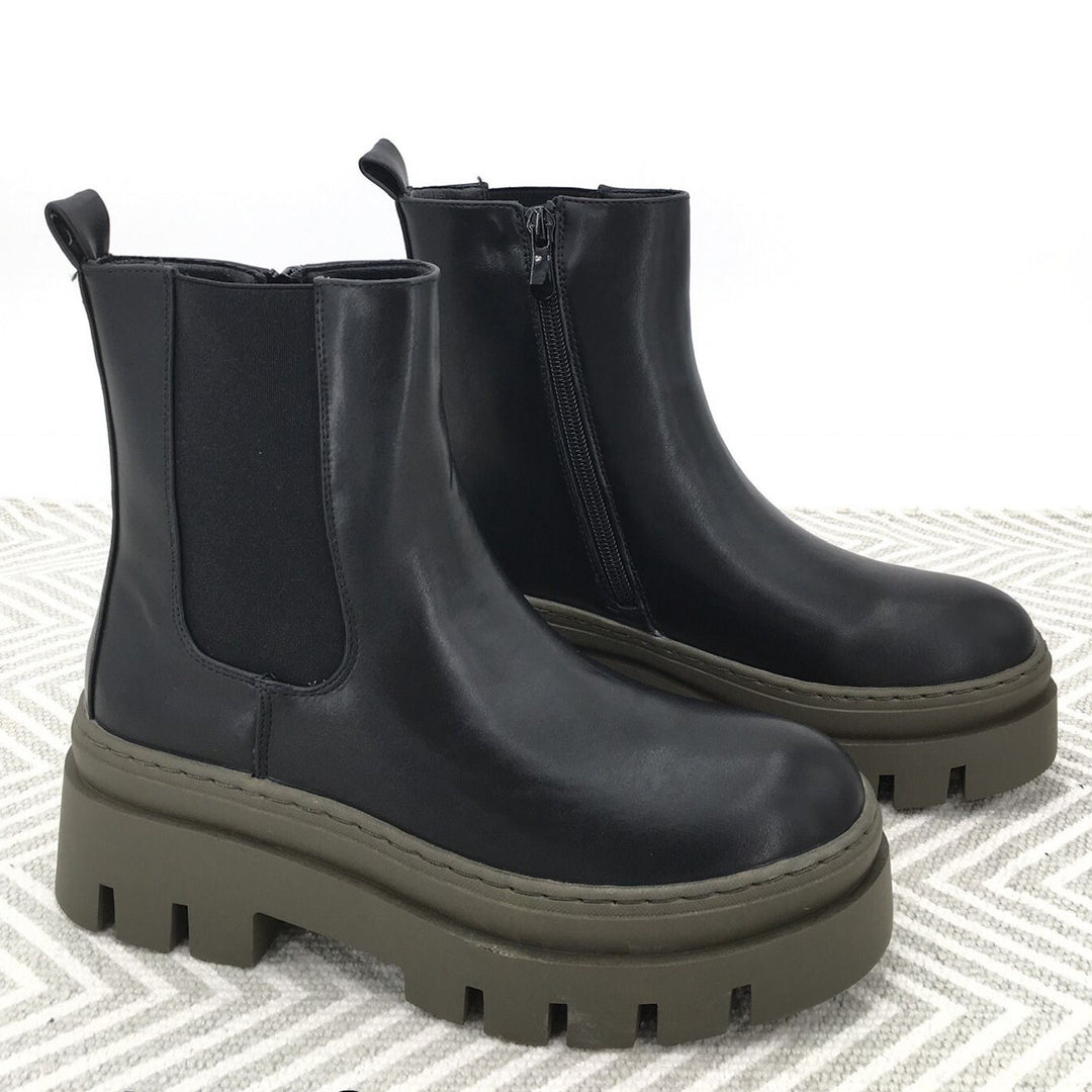 Smile Favorites Chelsea-Stiefel Schwarz Kurzes Plateau Khaki
