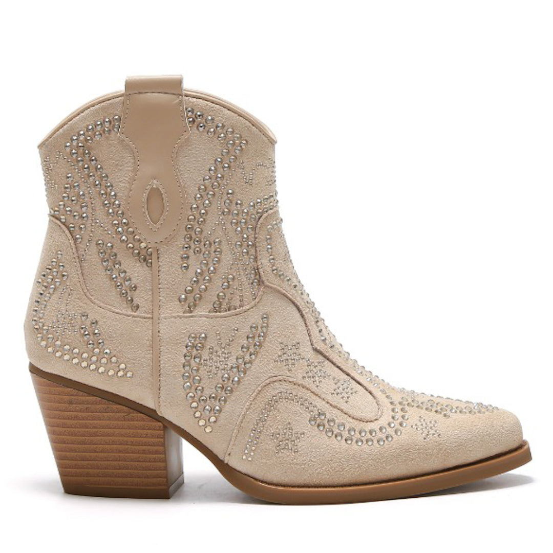Smile Favorites Cowboy Stiefel Beige Suedine Kurz Strasssteine