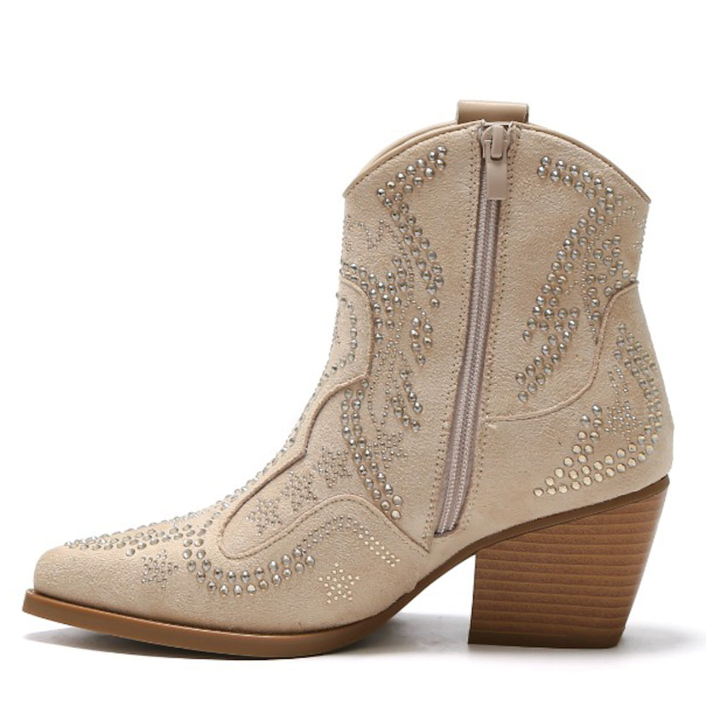 Smile Favorites Cowboy Stiefel Beige Suedine Kurz Strasssteine
