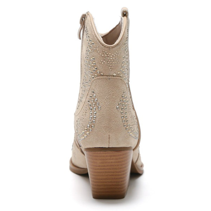 Smile Favorites Cowboy Stiefel Beige Suedine Kurz Strasssteine