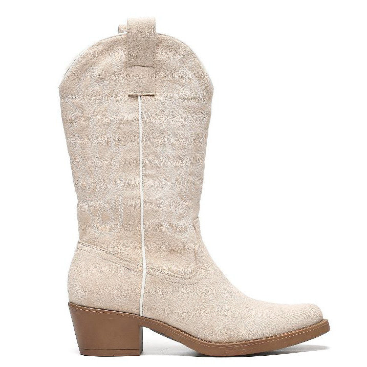 Smile Favorites Cowboystiefel Beige Veloursleder mit weißen Nähten