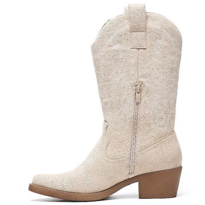 Smile Favorites Cowboystiefel Beige Veloursleder mit weißen Nähten