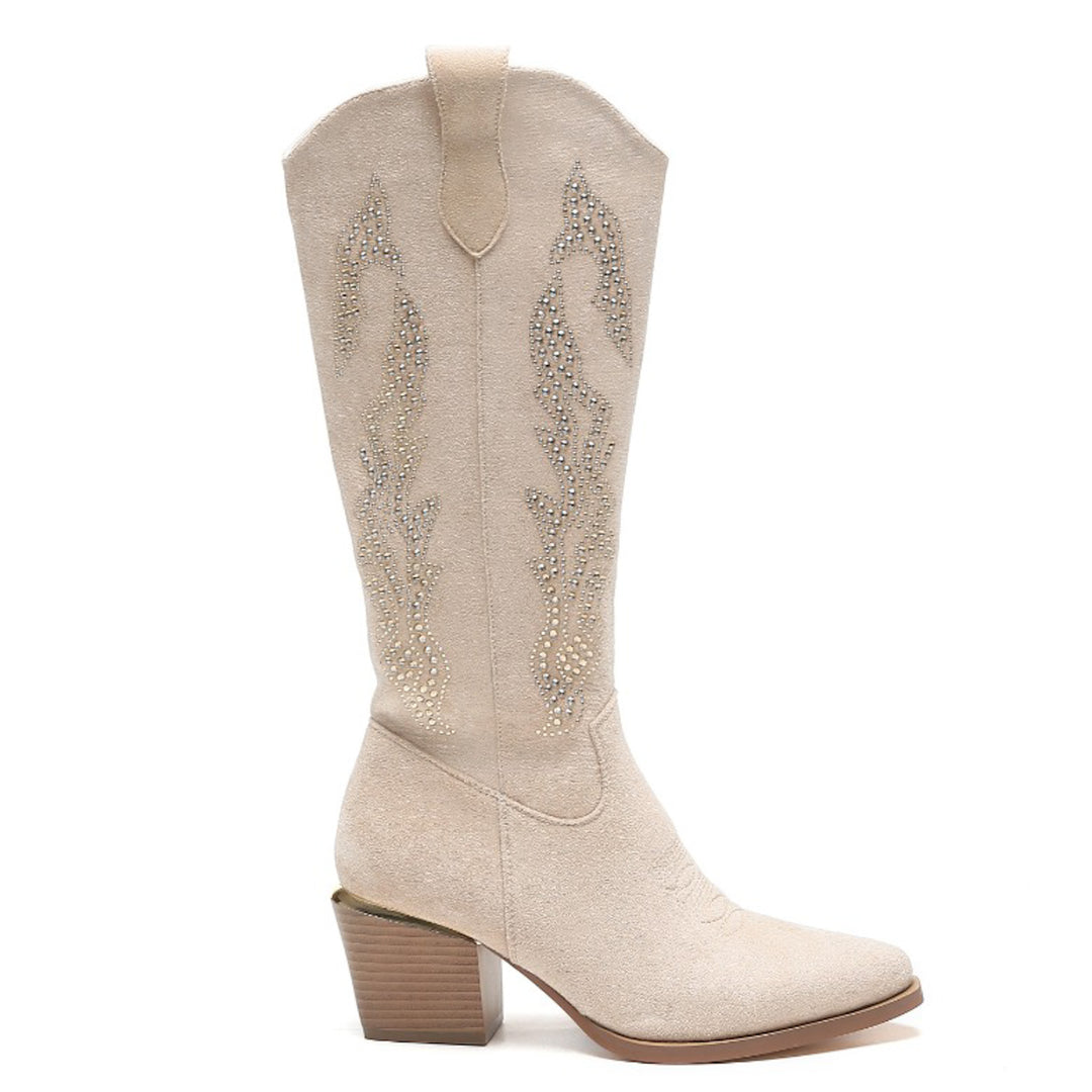 Smile Favorites Cowboy Stiefel Beige Suedine Strass Hoch