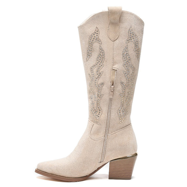 Smile Favorites Cowboy Stiefel Beige Suedine Strass Hoch