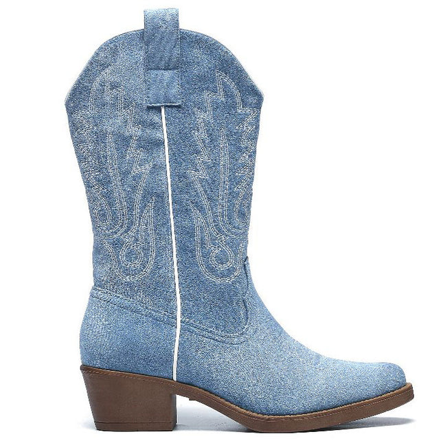 Smile Favorites Cowboystiefel Blaues Veloursleder mit weißen Nähten