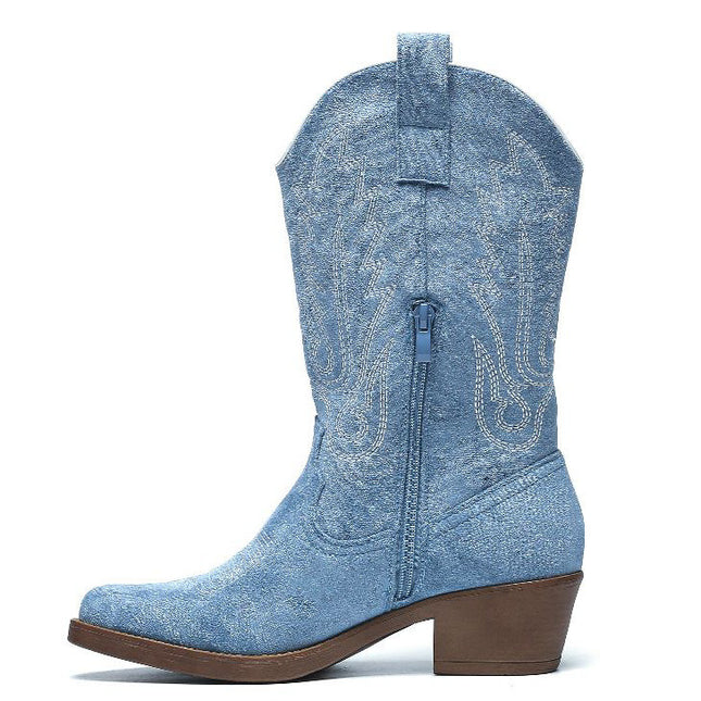 Smile Favorites Cowboystiefel Blaues Veloursleder mit weißen Nähten