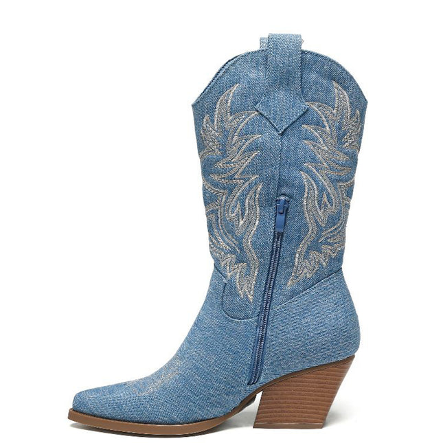 Smile Favorites Cowboystiefel Jeans Blau Nähte Beige