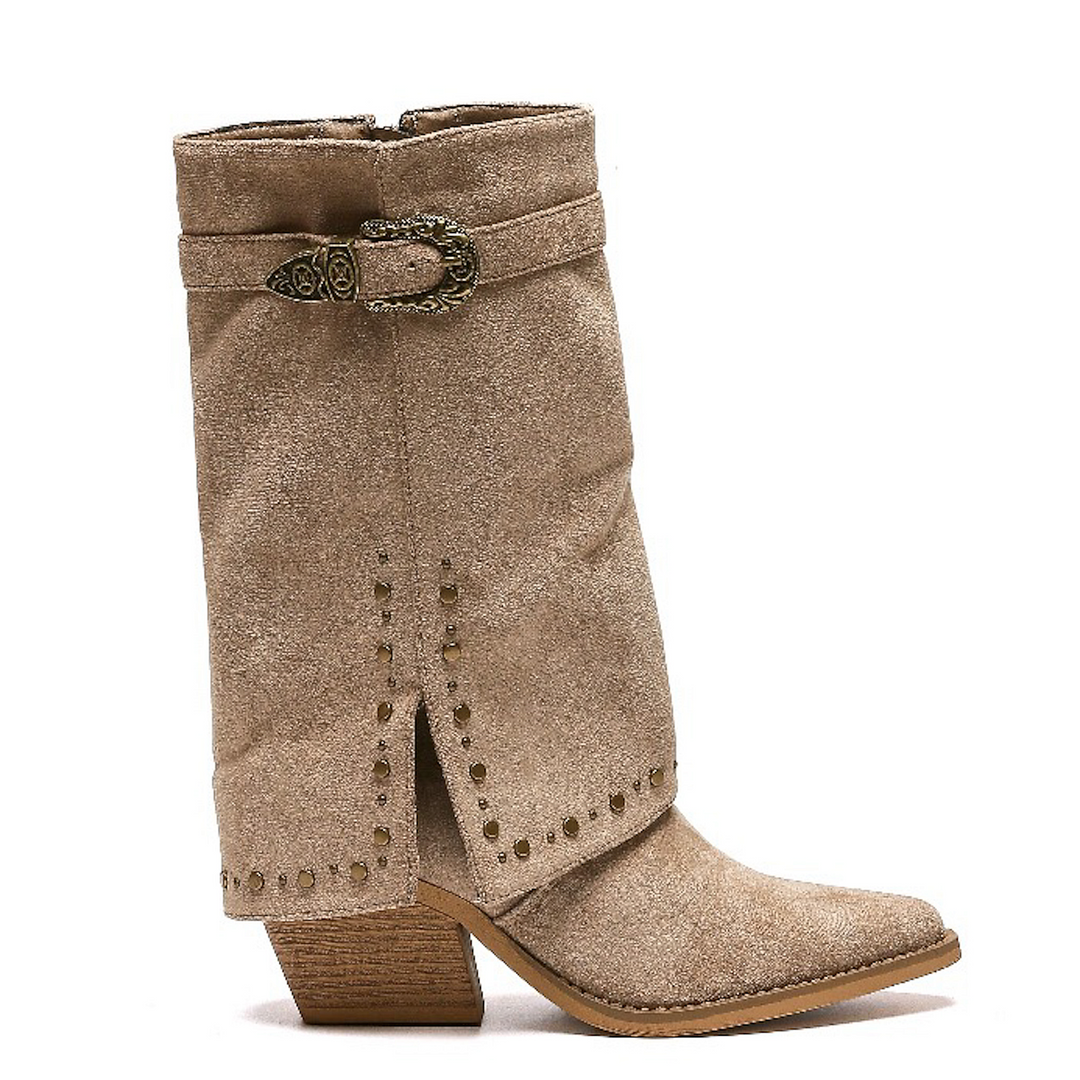 Smile Favorites Cowboystiefel Khaki Suedine Klappe Nieten Schnalle