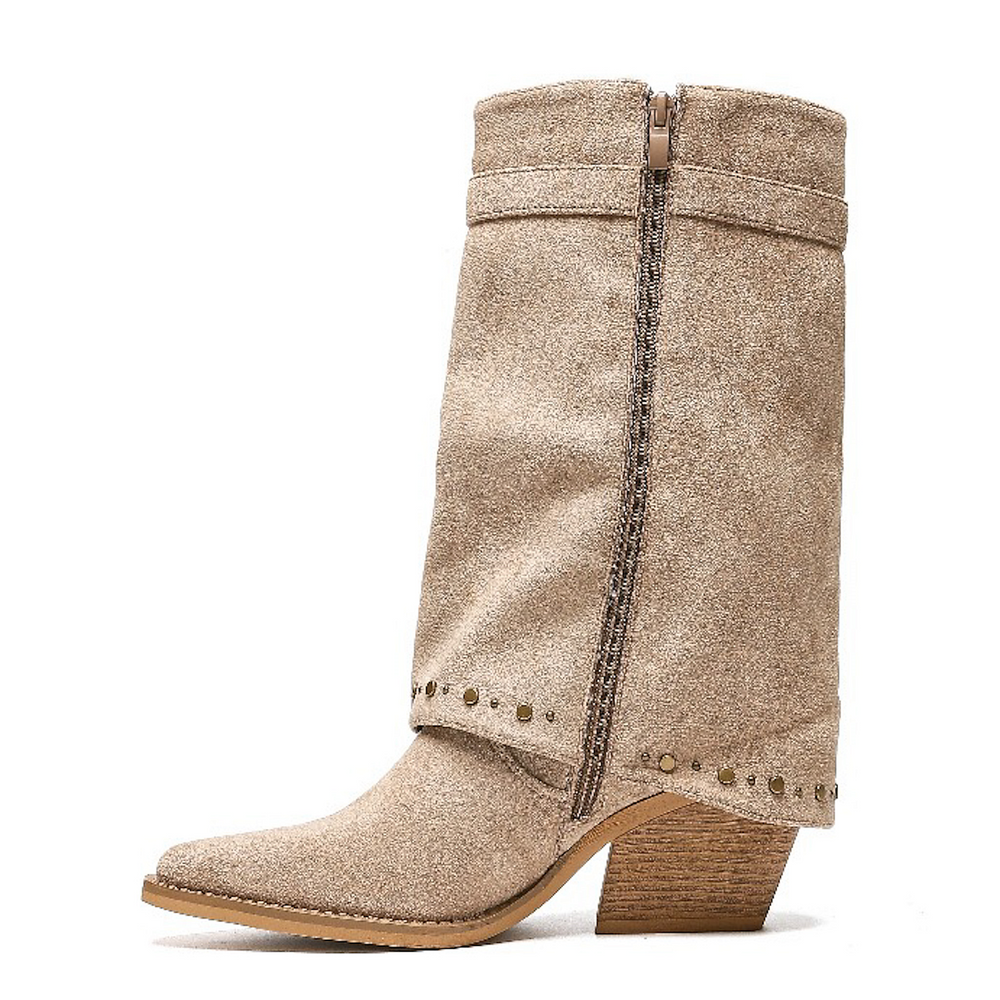 Smile Favorites Cowboystiefel Khaki Suedine Klappe Nieten Schnalle