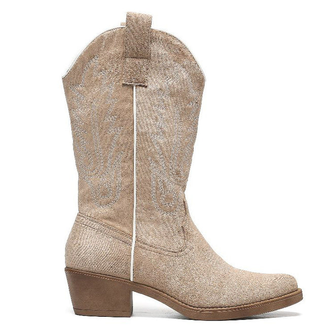 Smile Favorites Cowboystiefel Khaki Veloursleder mit weißen Nähten