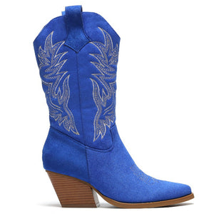 Smile Favorites Cowboystiefel Kobaltblau Suedine Nähte Beige