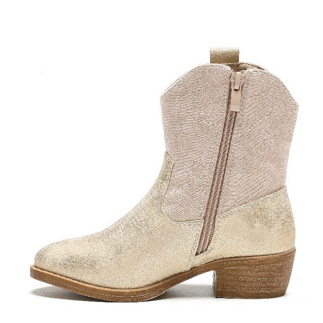 Smile Favorites Cowboy Stiefel Mädchen Beige Suedine Metallic Gold Flamme