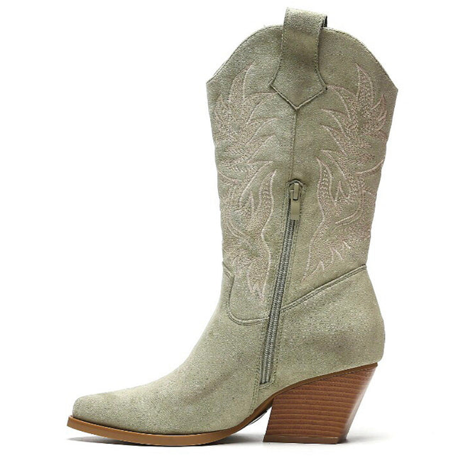 Smile Favorites Cowboy Stiefel Olive Suedine Nähte Beige