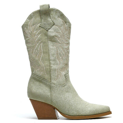 Smile Favorites Cowboy Stiefel Olive Suedine Nähte Beige