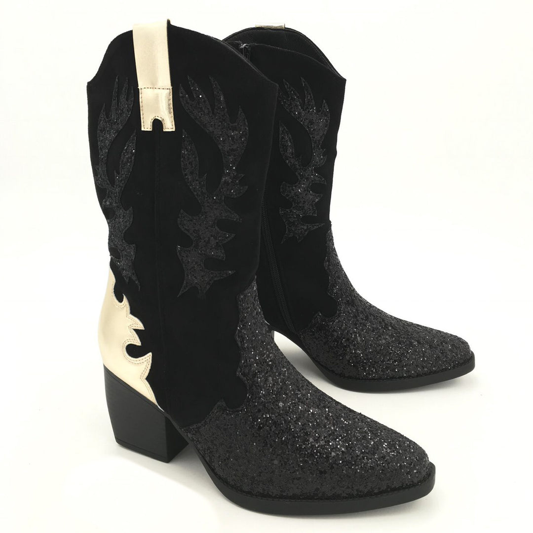 Smile Favorites Cowboystiefel Schwarz Sämischleder Glitter