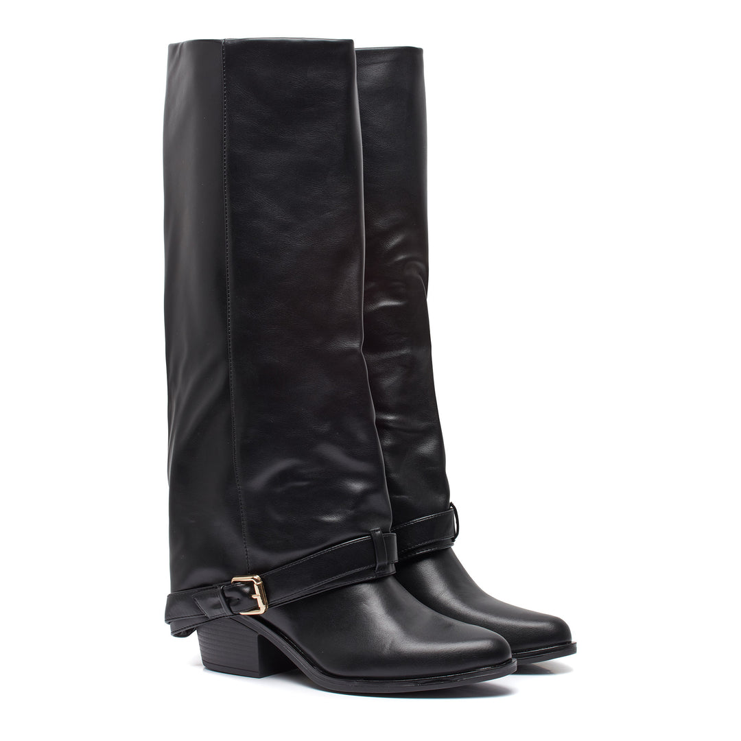 Smile Favorites Hohe Stiefel Schwarz Klappe Gold Schnalle