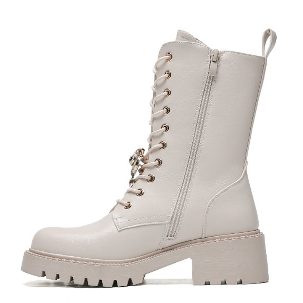 Smile Favorites Veteranenstiefel Beige Brosche